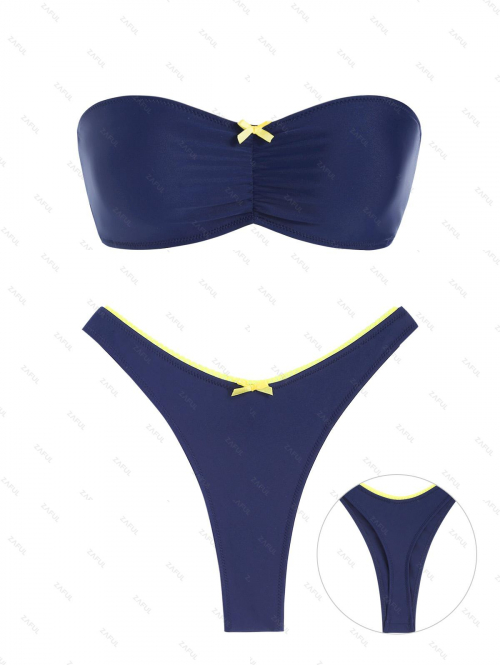 ZAFUL Women's Bowknot Design Lace Up Cinched Ruched Side Fishbone Lace Trim Bandeau Thong  Bikini Two Piece Set Swimwear M Deep blue