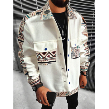 ZAFUL Men's ZAFUL Men's Ethnic Style Geometric Printed Button Front Flap Pocket Design Jacket L White