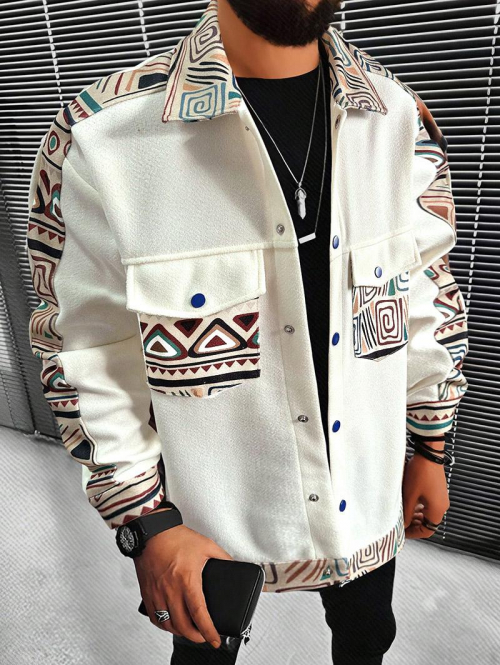 ZAFUL Men's ZAFUL Men's Ethnic Style Geometric Printed Button Front Flap Pocket Design Jacket L White