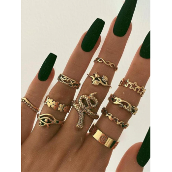 Women's 11Pcs Retro Punk Style Flowers Dragon Geometric Pattern Hollow Out Star Design Rings Set