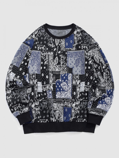 ZAFUL Men's ZAFUL Men's Ethnic Style Crew Neck Long Sleeve Paisley Printed Jacquard Contrast Ribbed Edge Sweatshirt L Deep blue