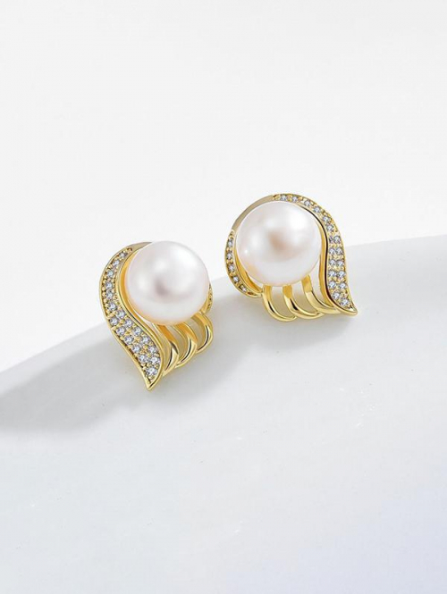 Fresh Water Pearl Zircon Wing Shaped Stud Earrings