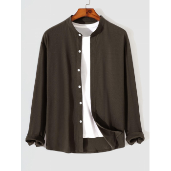 ZAFUL Men's ZAFUL Men's Solid Color Textured Stand Collar Button Front Long Sleeves Shirt L Deep coffee