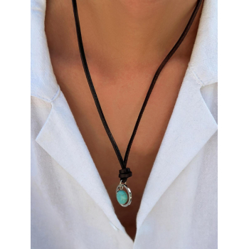 Men's Retro Hip-hop Style Turquoise Decor Ring Pendant PU Leather Necklace