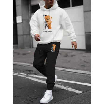 ZAFUL Men's Men's Cartoon Bear ROBOTIC Graphic Pattern Kangaroo Pocket Pullover Fleece-lined Hoodie and Beam Feet Drawstring Jogger Pants Set White