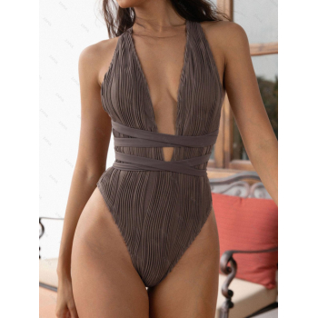 ZAFUL Women's Plunging Neck Textured Open Back Strappy Criss Cross Tied Floss One-piece Swimsuit Bathing Suit L Deep coffee