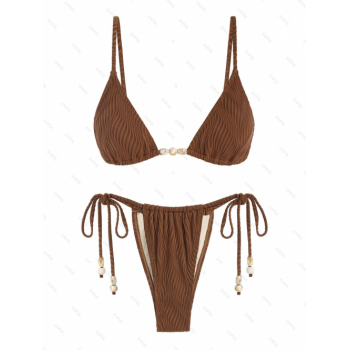 ZAFUL Women's Tie Side Wavy Textured Beading Design Tanga Loincloth Triangle Two Piece Swimwear Bikini Set M Coffee