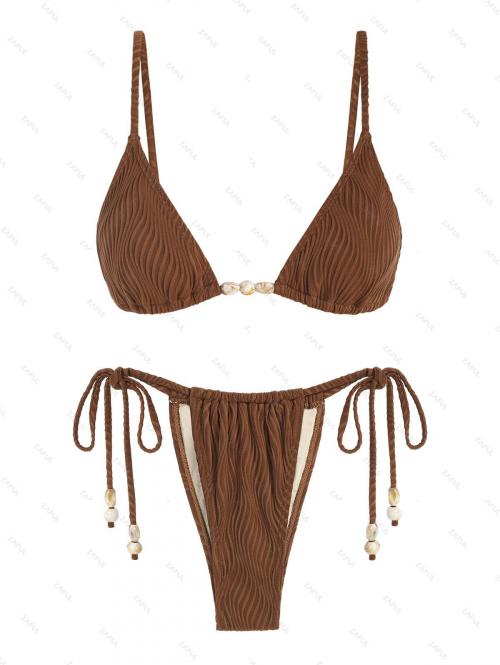 ZAFUL Women's Tie Side Wavy Textured Beading Design Tanga Loincloth Triangle Two Piece Swimwear Bikini Set M Coffee