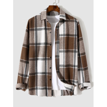 ZAFUL Men's Men's Casual Colorblock Plaid Pattern Flannel Button Front Long Sleeves Shacket L Coffee