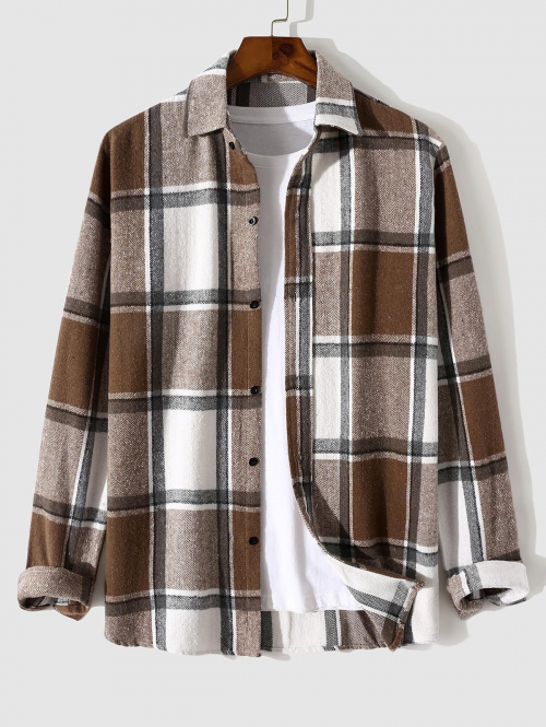 ZAFUL Men's Men's Casual Colorblock Plaid Pattern Flannel Button Front Long Sleeves Shacket L Coffee