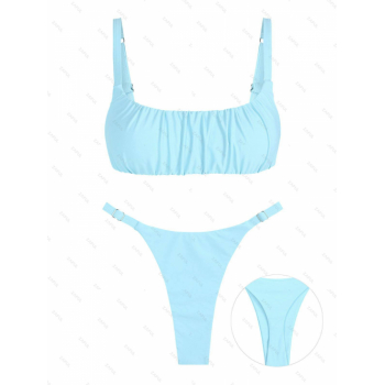 ZAFUL Women's Solid Color U Neck Ruched Bust Adjustable Straps Two Piece Bikini Swimwear S Light blue