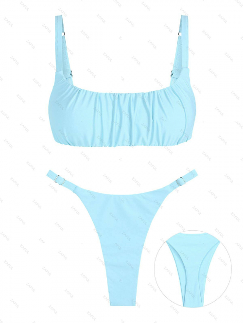 ZAFUL Women's Solid Color U Neck Ruched Bust Adjustable Straps Two Piece Bikini Swimwear S Light blue