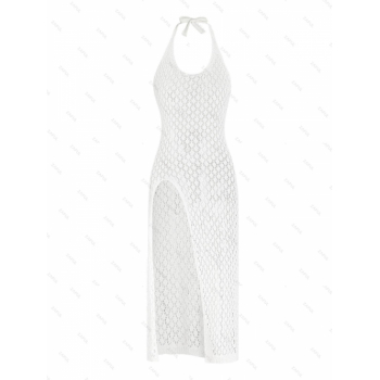 Women's Summer Vacation Crochet Knit Halter Tied Backless Thigh High Slit Beach Cover Up Dress S White