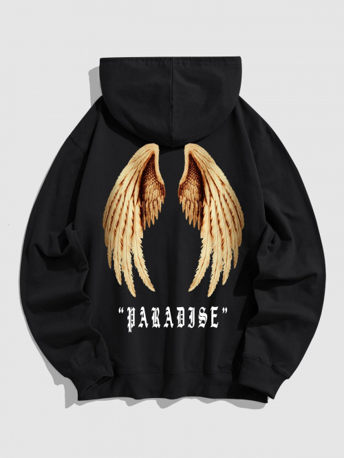 ZAFUL Men's Men's Gothic Style Letter PARADISE Wings Pattern Kangaroo Pocket Pullover Hoodie 2xl Black