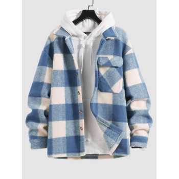 ZAFUL Men's ZAFUL UNISEX Checked Plaid Colorblock Pocket Design Woolen Turn Down Collar Coat L Light blue