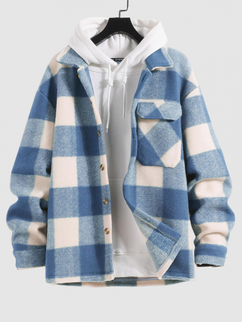 ZAFUL Men's ZAFUL UNISEX Checked Plaid Colorblock Pocket Design Woolen Turn Down Collar Coat L Light blue