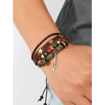 Retro Style Multi-layered Stacked Star Decor Beading Braided Cord Bracelet for Men and Women