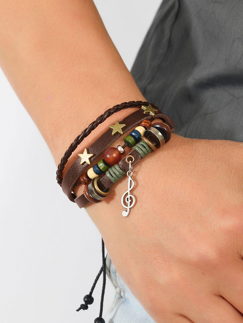 Retro Style Multi-layered Stacked Star Decor Beading Braided Cord Bracelet for Men and Women