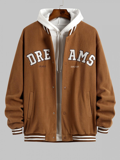 ZAFUL Men's ZAFUL Men's DREAMS Embroidered Fuzzy Polar Fleece Baseball Collar College Style Jacket L Coffee