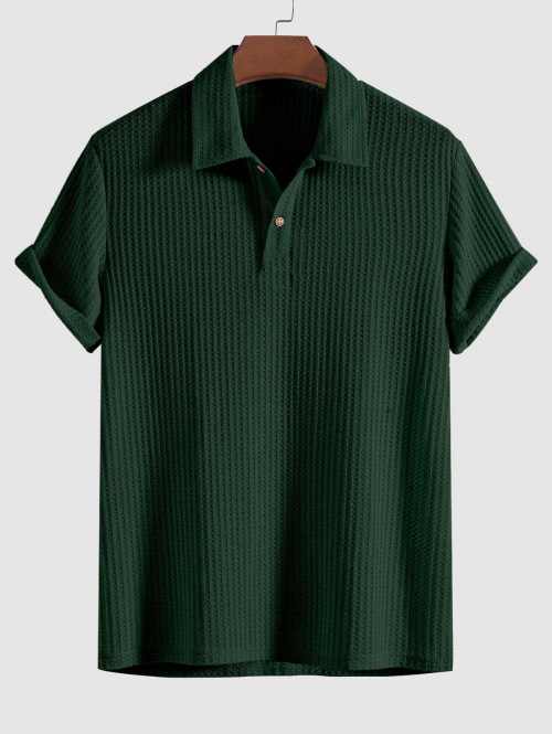 ZAFUL Men's ZAFUL Men's Plain Color Tartan Jacquard Weave Textured Polo Collar Short Sleeves T-shirt L Deep green