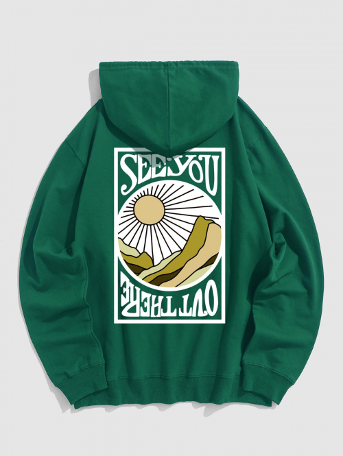 ZAFUL Men's Men's SEE YOU Letter Sun Mountain Pattern Kangaroo Pocket Cotton Pullover Hoodie L Deep green