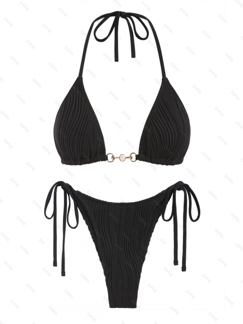 ZAFUL Women's Sexy Solid Color Textured Triangle Halter Tie Faux Pearl Metal Decorated Tanga String Two Piece Bikini Swimwear M Black