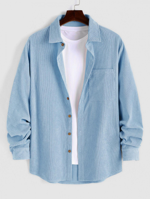 ZAFUL Men's Men's Plain Color Front Pocket Design Button Down Long Sleeves Corduroy Shirt L Light blue