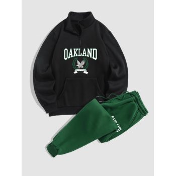 ZAFUL Men's Men's OAKLAND Eagle Printed Quarter Zip Stand Collar Kangaroo Pocket Thermal Fleece-lined Pullover Sweatshirt and Drawstring Beam Feet Jog