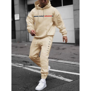 ZAFUL Men's Men's PARIS Letter Pattern Fuzzy Fleece-lined Kangaroo Pocket Design Pullover Hoodie and Drawstring Jogger Sweat Pants Set Light coffee