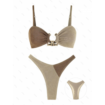 ZAFUL Women's Metal Ring Decor Colorblock Two Tone Jersey High Leg Cheeky Bikini Set Two Piece Swimwear M Light coffee