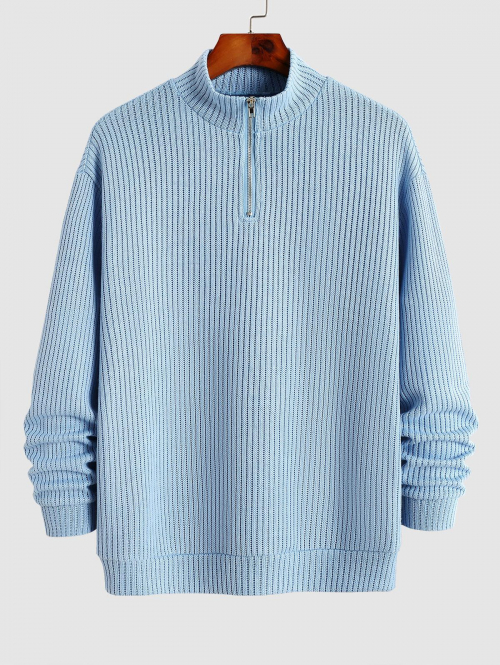 ZAFUL Men's ZAFUL Men's Casual Daily Mock Neck Long Sleeve Solid Color Ribbed Knit Quarter Zip Front Sweater S Light blue