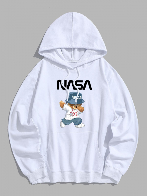 ZAFUL Men's Men's Cartoon SPACE Bear Graphic Pattern Kangaroo Pocket Pullover Hoodie Xl White