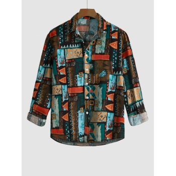 ZAFUL Men's Men's Vintage Ethnic Geometric Print Colorblock Long Sleeves Turn Down Collar Vacation Shirt L Multi b