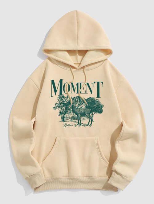 ZAFUL Men's Men's MOMENT Elk Mountain Printed Thermal Fleece-lined Kangaroo Pocket Pullover Hoodie 2xl Light coffee