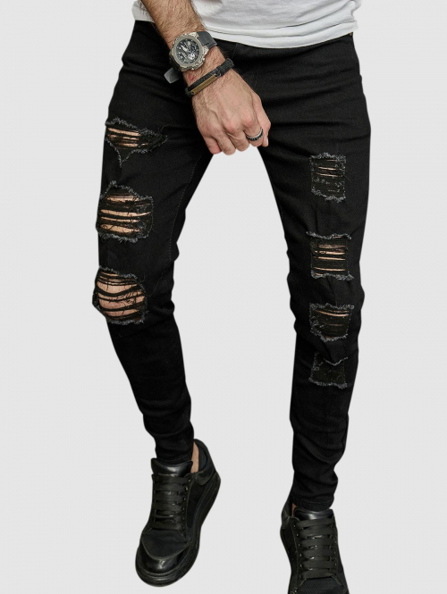 ZAFUL Men's Men's Streetwear Daily Solid Color Ripped Distressed Destroyed Design Skinny Jeans 32 Black