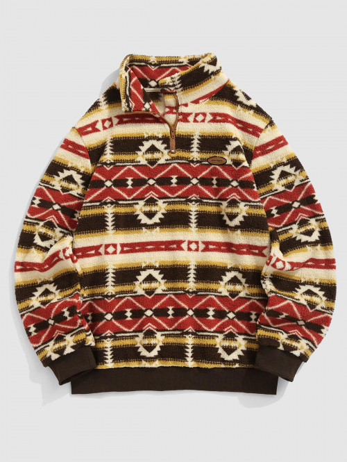 ZAFUL Men's ZAFUL Men's Ethnic Aztec Printed Quarter Zip Stand Collar Fuzzy Fleece Pullover Sweatshirt L Deep coffee