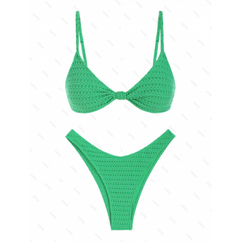 ZAFUL Women's Solid Color High Leg Cheeky Toweling Terry Cloth Textured Twisted Knot Two Piece Swimwear Bikini Set L Green