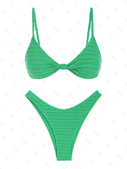 ZAFUL Women's Solid Color High Leg Cheeky Toweling Terry Cloth Textured Twisted Knot Two Piece Swimwear Bikini Set L Green