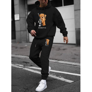 ZAFUL Men's Men's Cartoon Bear ROBOTIC Graphic Pattern Kangaroo Pocket Pullover Fleece-lined Hoodie and Beam Feet Drawstring Jogger Pants Set Black