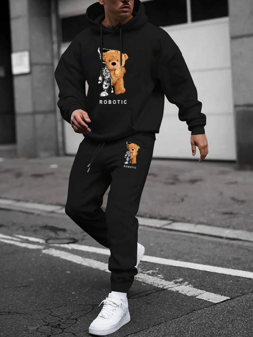 ZAFUL Men's Men's Cartoon Bear ROBOTIC Graphic Pattern Kangaroo Pocket Pullover Fleece-lined Hoodie and Beam Feet Drawstring Jogger Pants Set Black