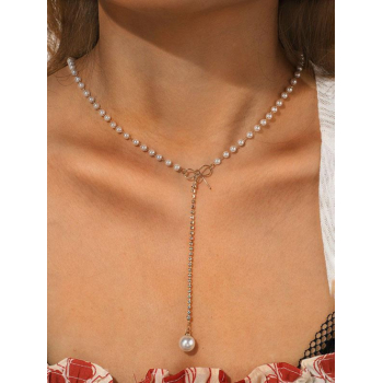 Faux Pearls Wedding Bowknot Pendant Lariat Necklace For Women