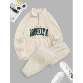 ZAFUL Men's Men's Fluffy Fleece BROOKLYN Embroidered Quarter Zip Kangaroo Pocket Design Stand Collar Sweatshirt and Teddy Beam Feet Pants Set White