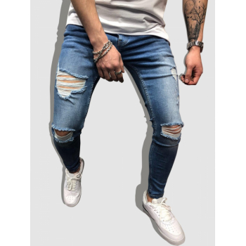 ZAFUL Men's Men's Streetwear Ripped Pocket Solid Color Zipper Fly Skinny Jeans M Blue ivy