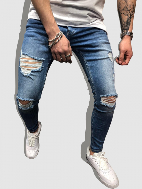 ZAFUL Men's Men's Streetwear Ripped Pocket Solid Color Zipper Fly Skinny Jeans M Blue ivy