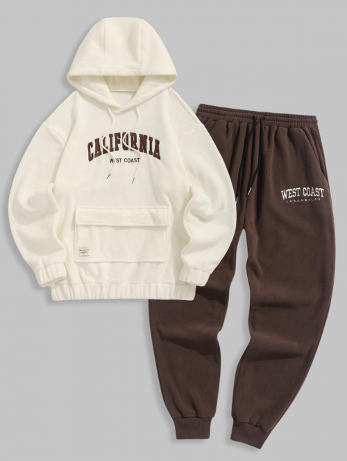 ZAFUL Men's Men's CALIFORNIA WEST COAST Embroidered Fuzzy Polar Fleece Flap Pocket Design Pullover Hoodie and Drawstring Sweatpants Set Multi a