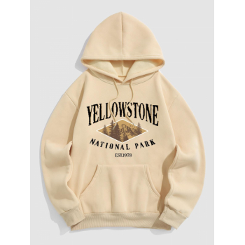 ZAFUL Men's Men's YELLOWSTONE NATIONAL PARK Trees Pattern Fuzzy Fleece-lined Kangaroo Pocket Pullover Hoodie M Light coffee