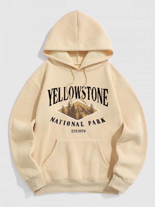 ZAFUL Men's Men's YELLOWSTONE NATIONAL PARK Trees Pattern Fuzzy Fleece-lined Kangaroo Pocket Pullover Hoodie M Light coffee