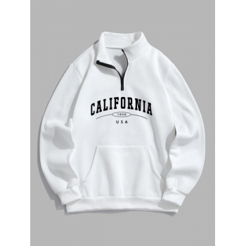 ZAFUL Men's Men's Casual Letter CALIFORNIA Graphic Printed Quarter Zip Thermal Fleece Lined Front Pocket Mock Neck Pullover Sweatshirt L White