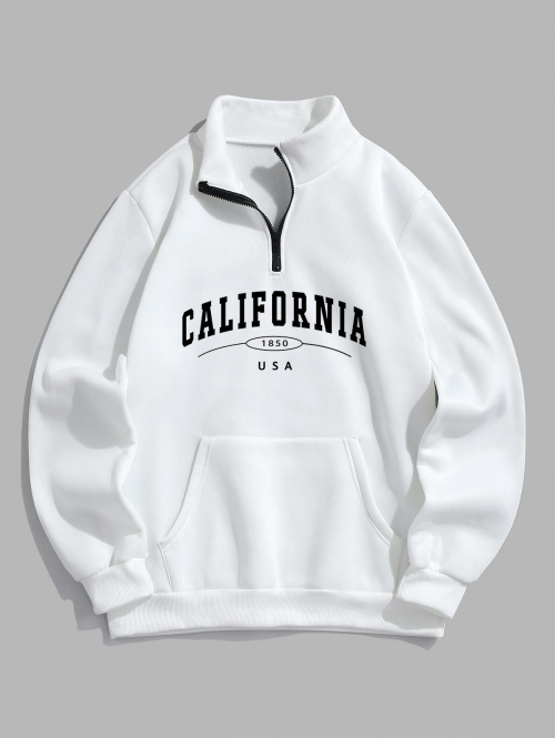 ZAFUL Men's Men's Casual Letter CALIFORNIA Graphic Printed Quarter Zip Thermal Fleece Lined Front Pocket Mock Neck Pullover Sweatshirt L White