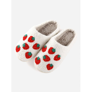 Women Women's Cute Fruit Strawberry Pattern Winter Warm Faux Fur Shearling Backless Close Toe Slippers